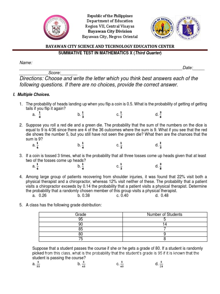 Grade 10 3rd Summative Test In Statistics Probability Summation
