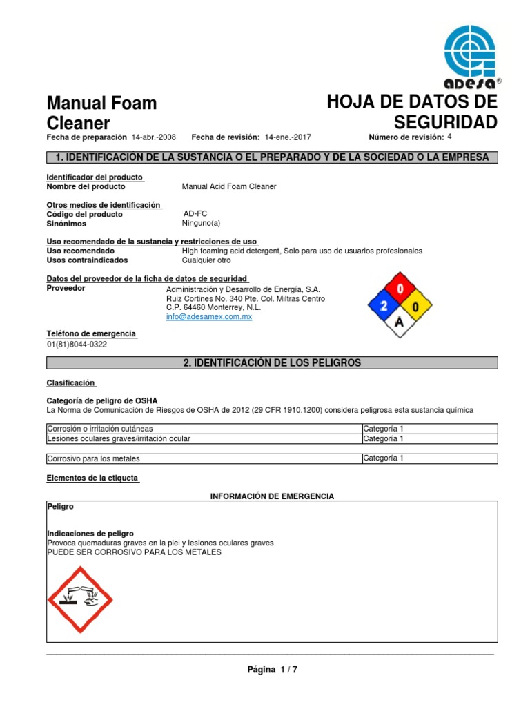 Manual Acid Foam Cleaner Hoja De Datos De Seguridad Manual Foam Cleaner