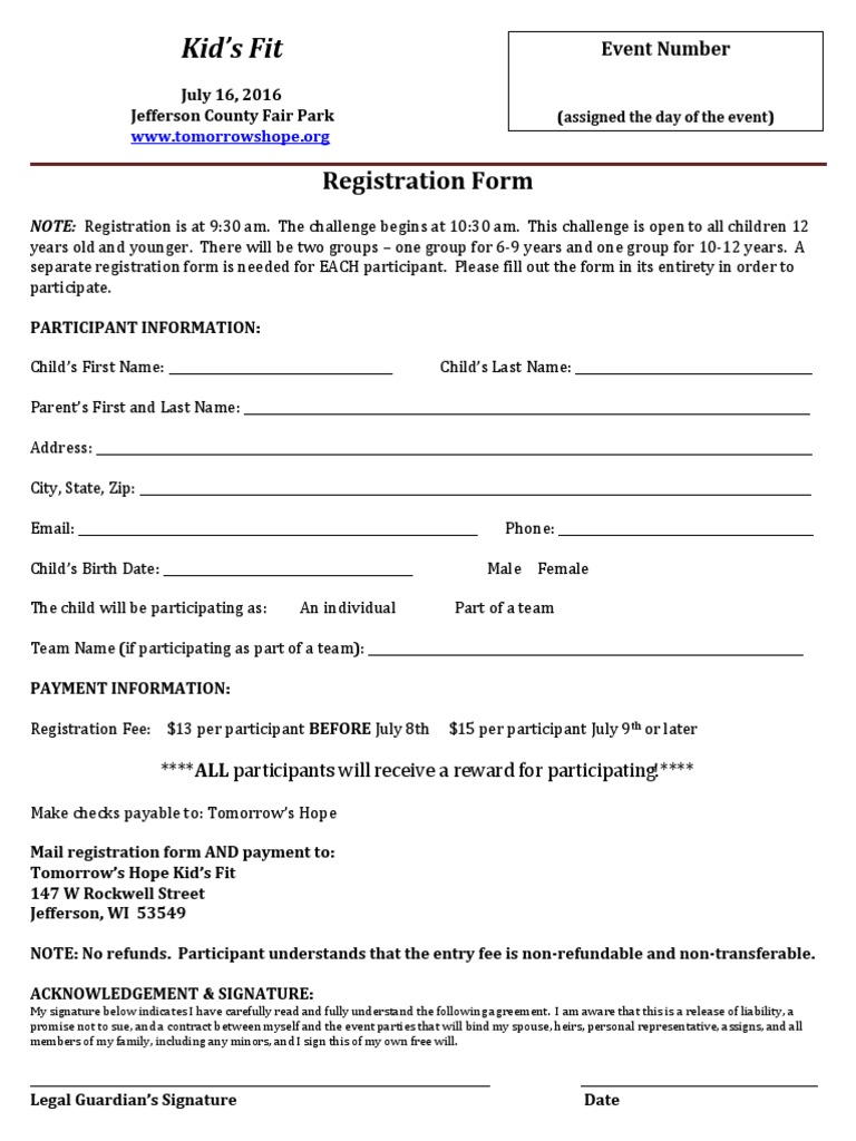 Kids Fit Challenge Registration Form | PDF | Indemnity | Government ...