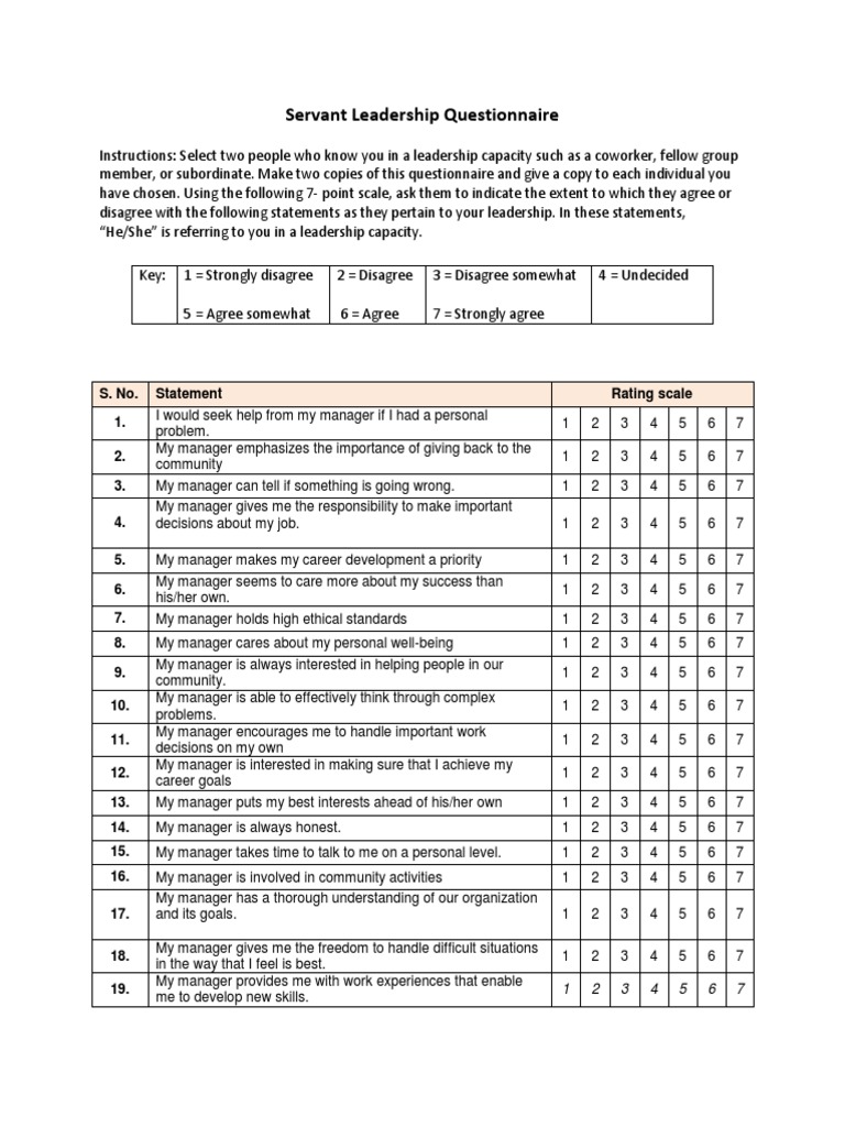 Servant Leadership Questionnaire Guide | PDF | Servant Leadership ...