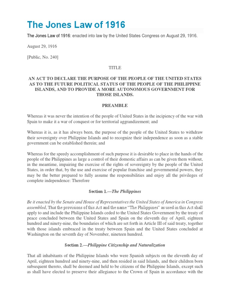Jones Law of 1916 (Philippine Autonomy Act of 1916) PDF Veto