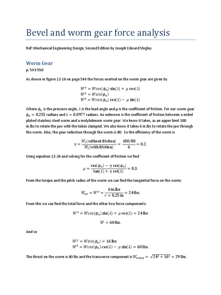 Bevel and Worm Gear Force Analysis PDF Gear Classical Mechanics