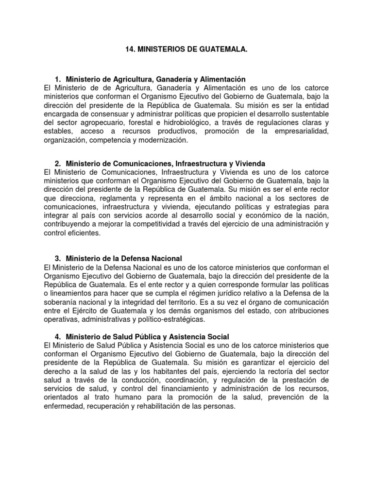 14 Ministerios de Guatemala y sus Funciones | PDF | Guatemala | Gobierno