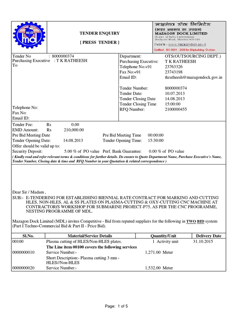 Tender Enquiry (Press Tender) : Page: 1 of 5 | PDF | Invoice ...