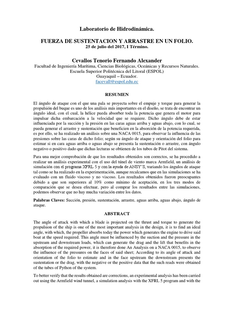 Medicion De Fuerza De Sustentacion Y Arrastre En Un Folio Pdf