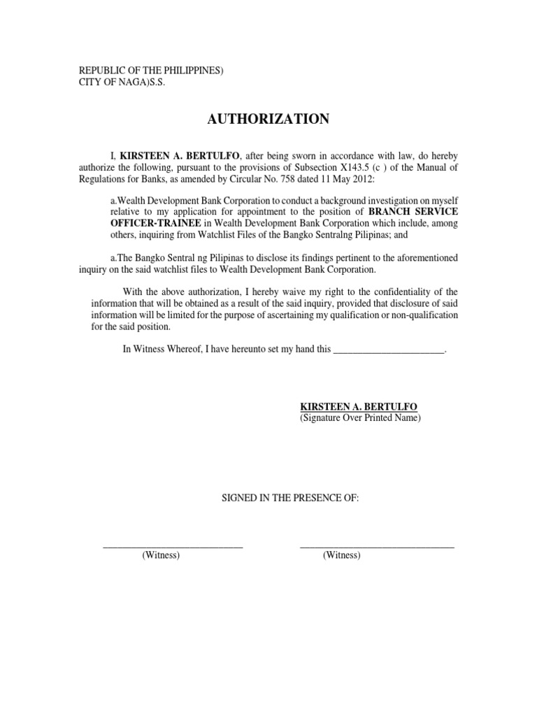 Authorization: OFFICER TRAINEE in Wealth Development Bank Corporation