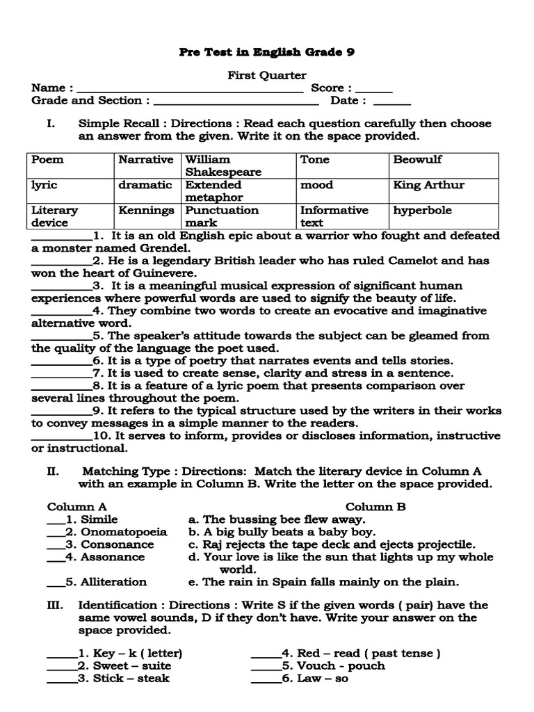 Pre Test in English Grade 9 First Quarter | PDF