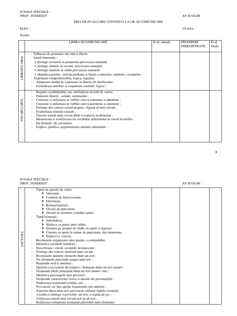 Fisa De Evaluare Continua Lb Rom Pdf