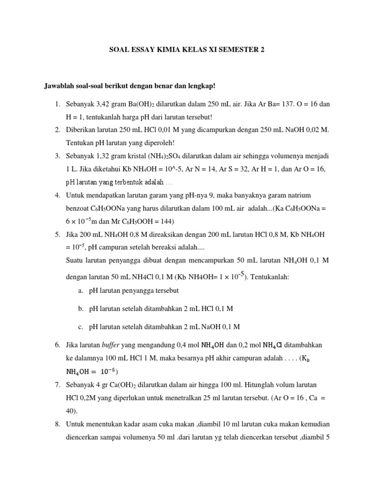 Soal Essay Kimia Kelas Xi Semester 2