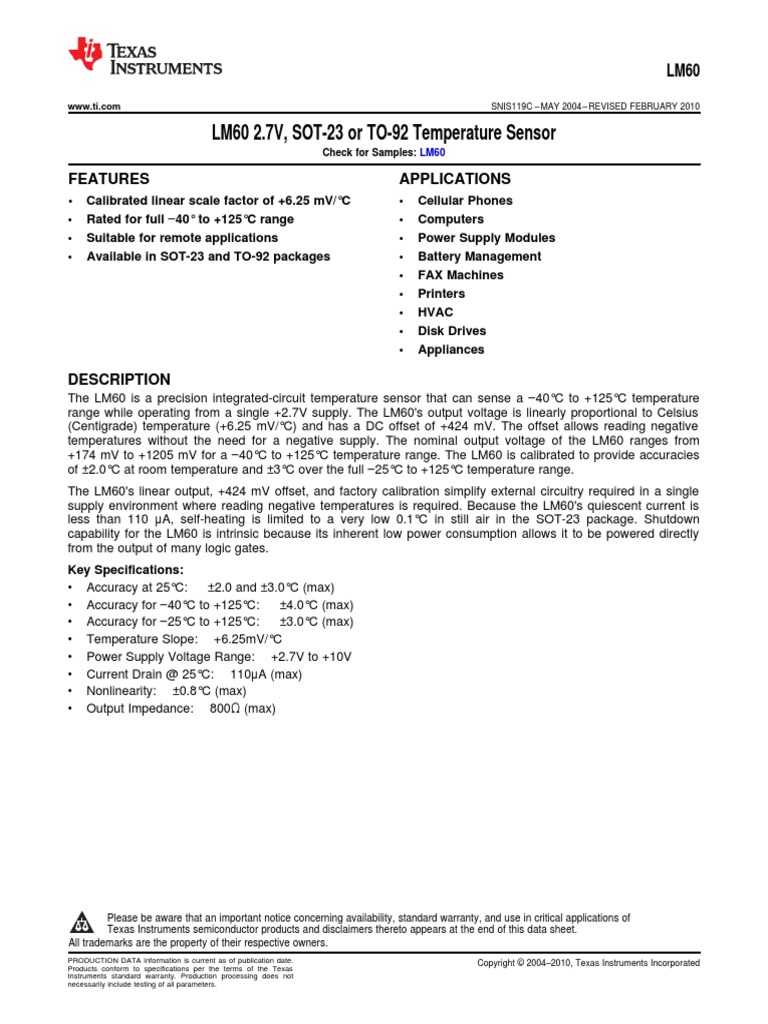 LM60 2.7V, SOT23 or TO92 Temperature Sensor Features Applications