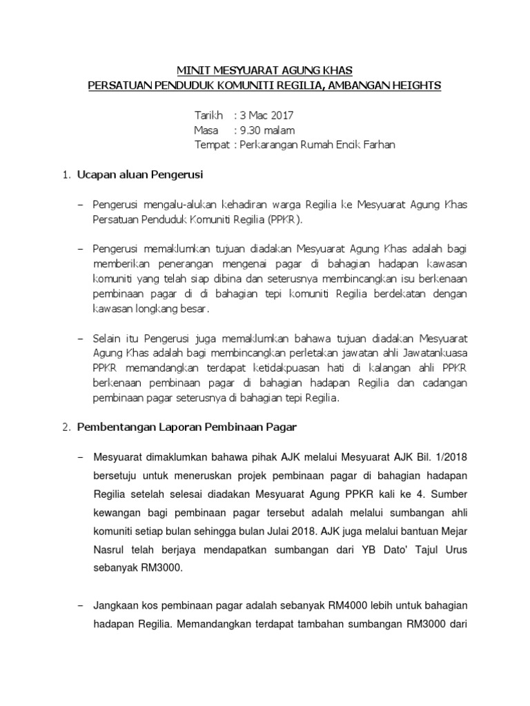 contoh minit mesyuarat persatuan
