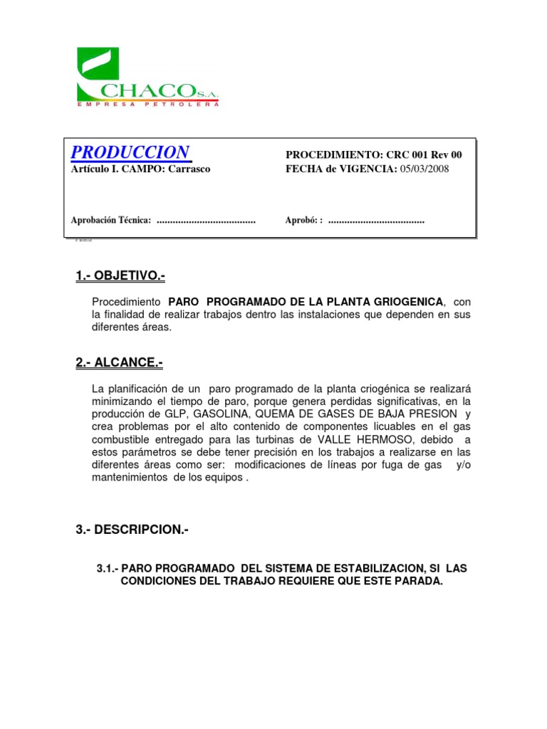 Procedimiento de Paro Programado en Planta Criogénica | PDF | Gases ...