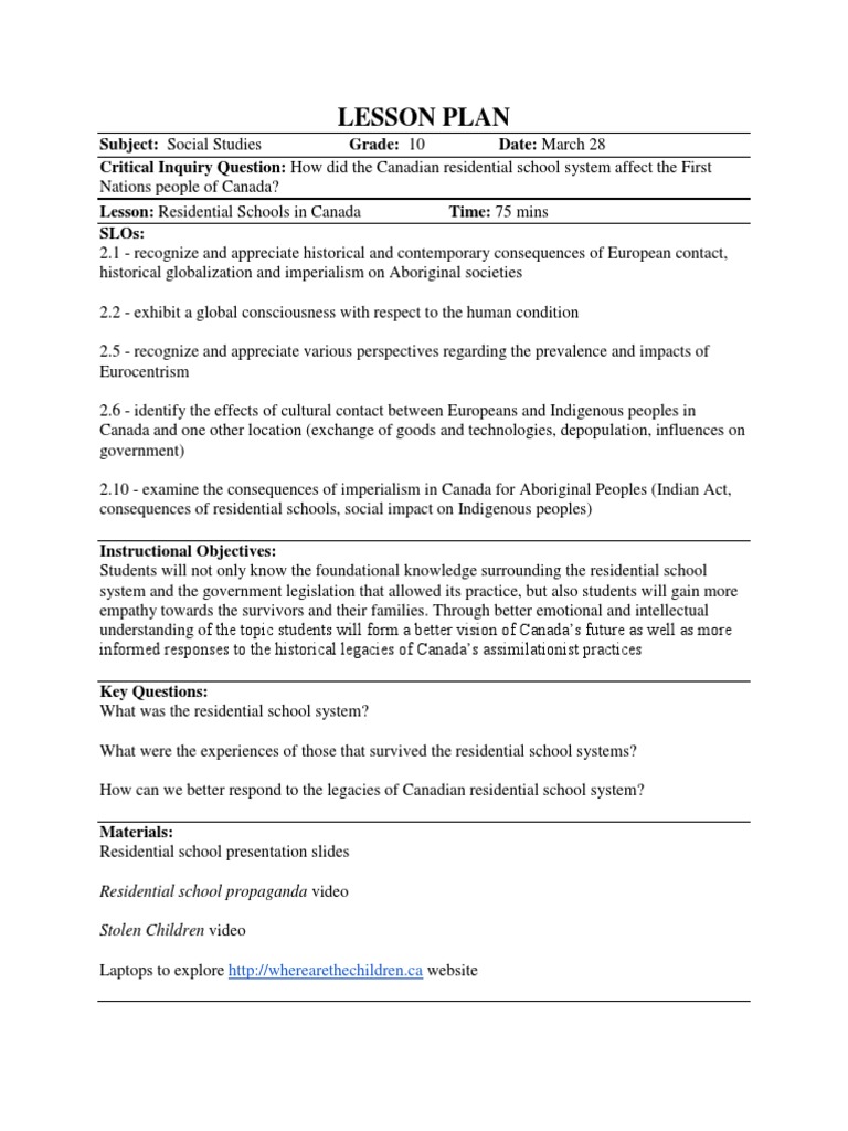 Lesson Plan Residential School Propaganda Video Stolen Children Video British Raj Imperialism