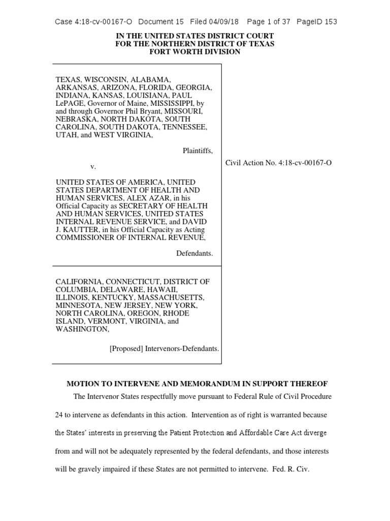US v. Texas Motion To Intervene PDF Patient Protection And