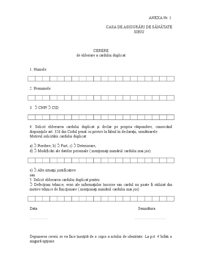 Cerere Eliberare Card de Sanatate Duplicat PDF