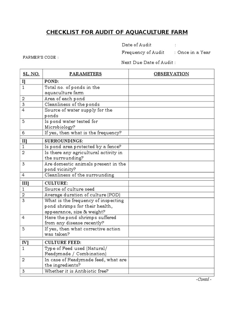 Audit of an Aquaculture Farm: Ensuring Compliance, Safety, and ...