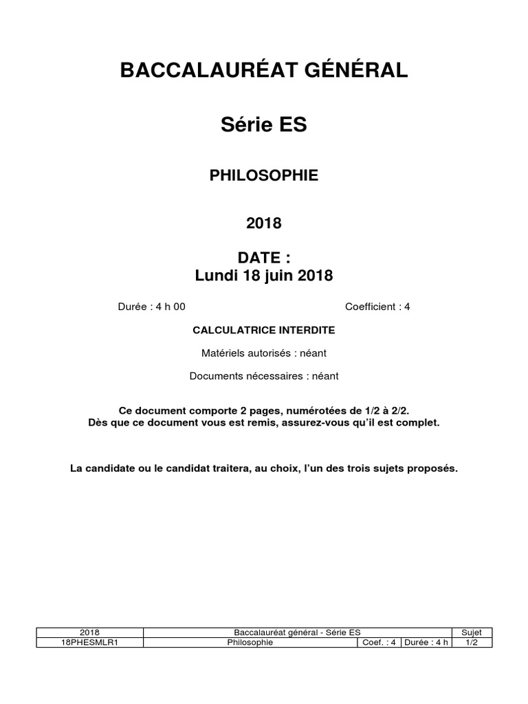 Sujet Philo ES Bac 2018 | PDF | Émile Durkheim | Concept de psychologie