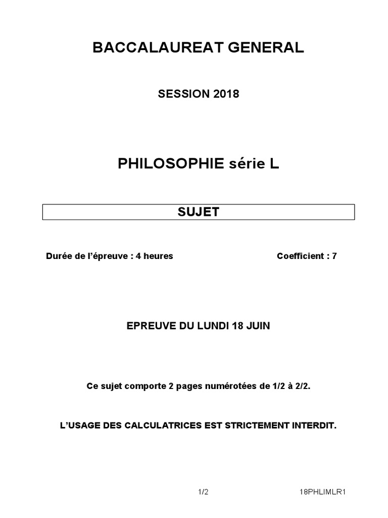 Sujet Philo L Bac 2018 | PDF