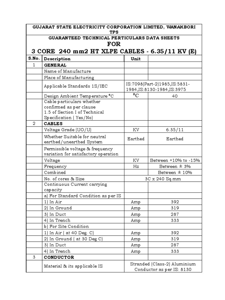 Technical Specs for HT XLPE Cables | PDF | Coaxial Cable | Insulator ...