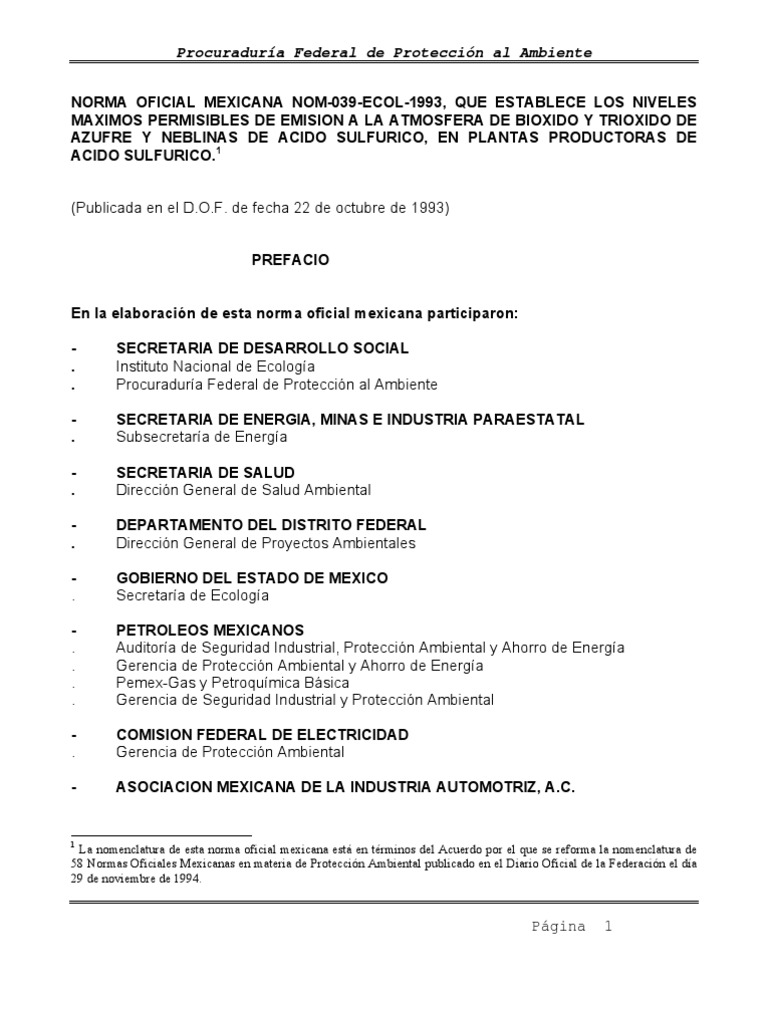 Norma Oficial Mexicana NOM-039-ECOL-1993 | PDF | México | Ácido sulfúrico