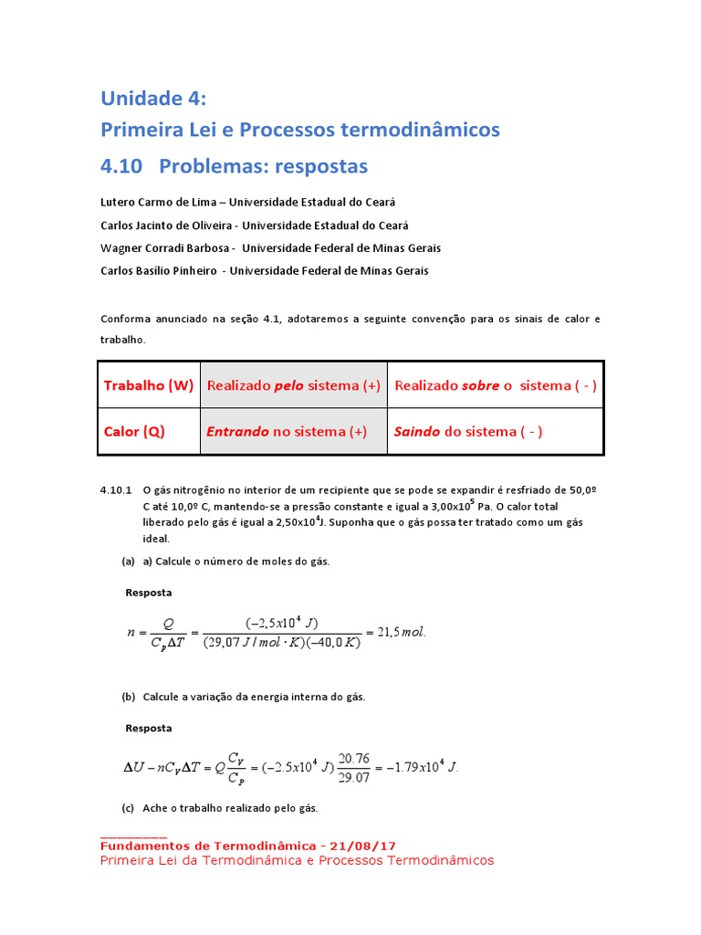 Problemas Da Primeira Lei Da Termodinâmica | PDF | Termodinâmica ...