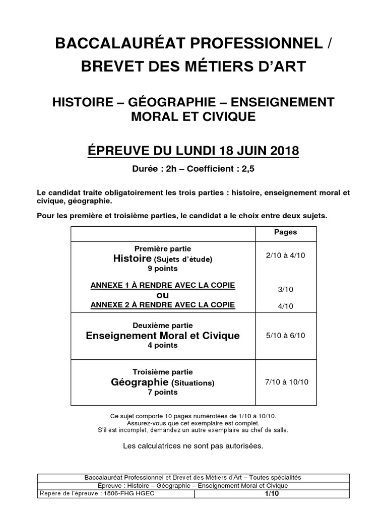 Sujet Histoire géo Bac Pro 2022 Corrigé Bac Pro 2018 - Sujet Histoire-Géographie-Enseignement Moral Et Civique |  PDF | Paris | France