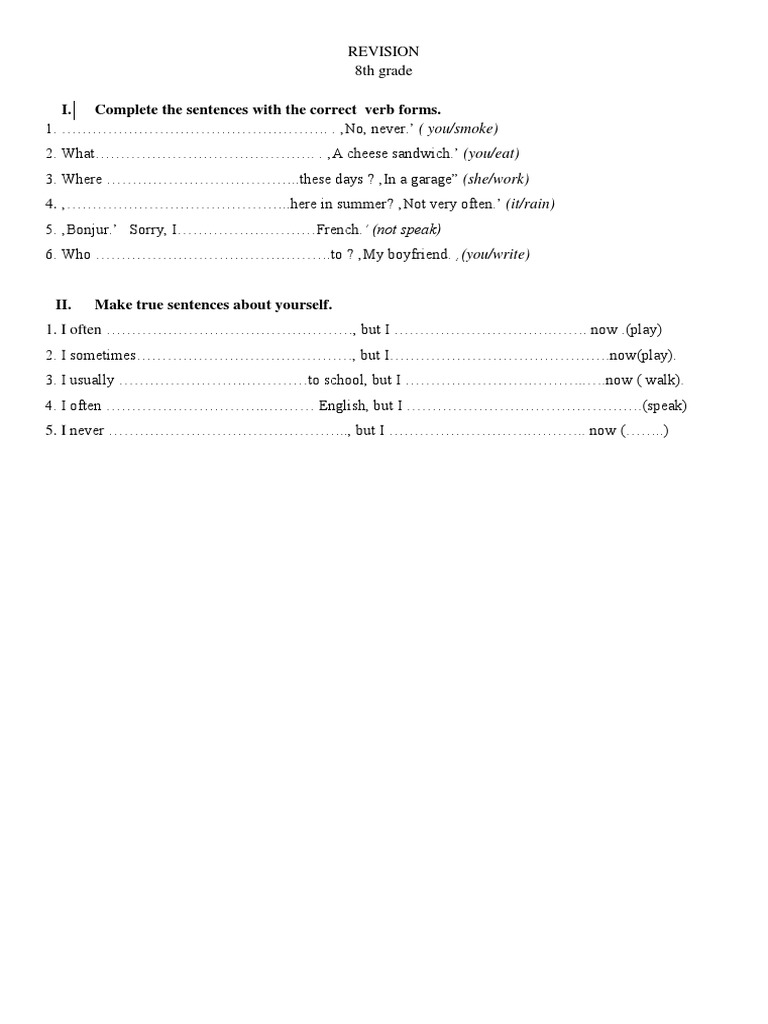 8th Grade Verb Form Exercises | PDF