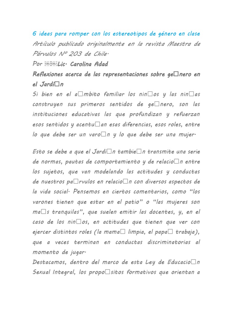 Rompiendo estereotipos de género en clase | PDF | Estereotipos | Mujer