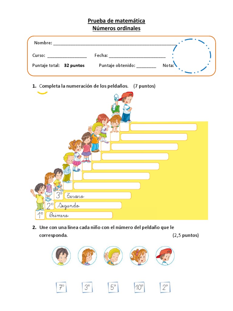 Prueba De Numeros Ordinales 1 Basico Deportes Matematicas