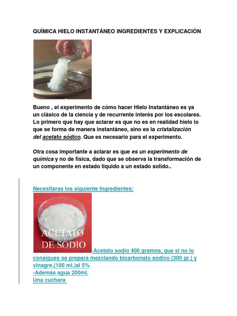 Acetato De Sodio Solubilidad En Agua Química Hielo Instantáneo Ingredientes y Explicación | PDF | Sustancias  químicas | Compuestos químicos