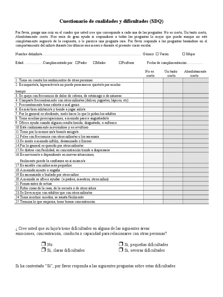 SDQ Cuestionario de Cualidades y Dificultades)
