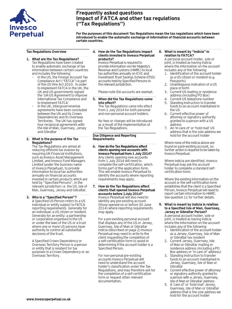 Frequently Asked Questions Impact of FATCA and Other Tax Regulations