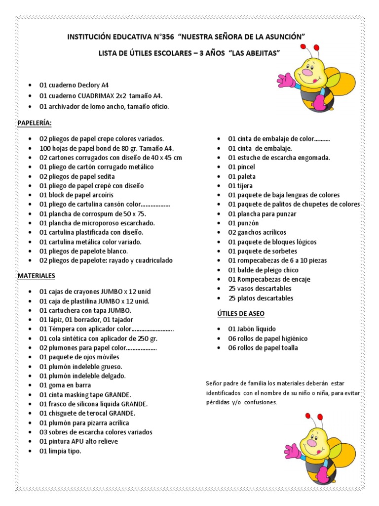 Lista de Útiles Escolares-3 AÑOS | Papel | Materiales de Conservación y
