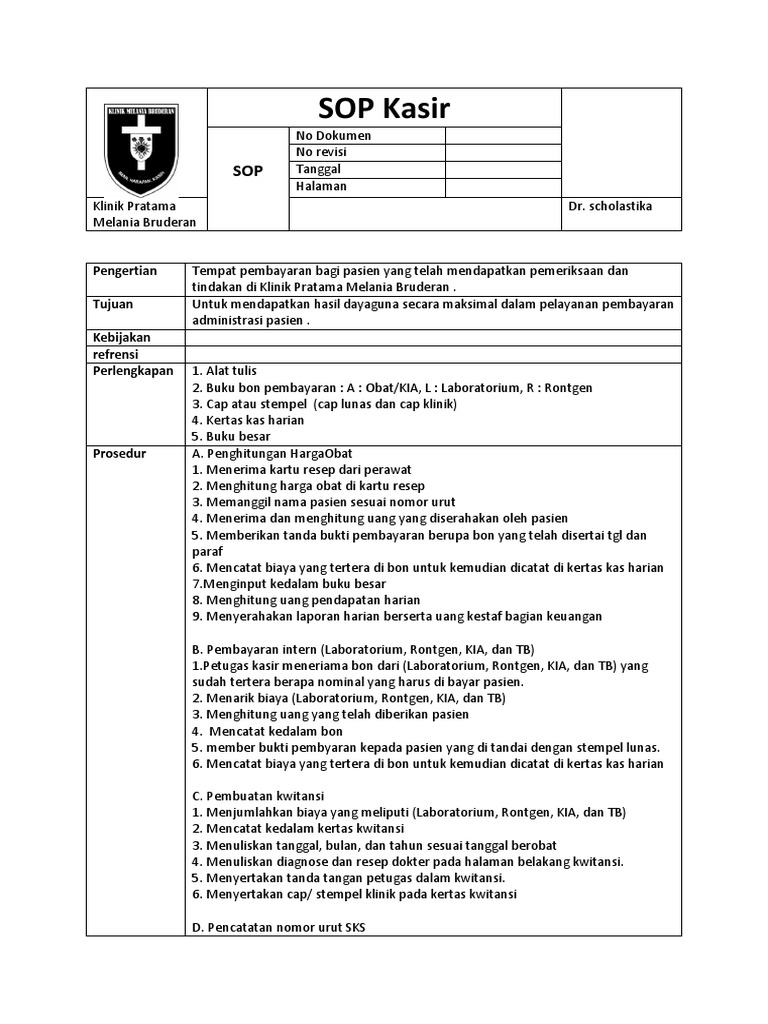 Sop Pelayanan Unit Kasir