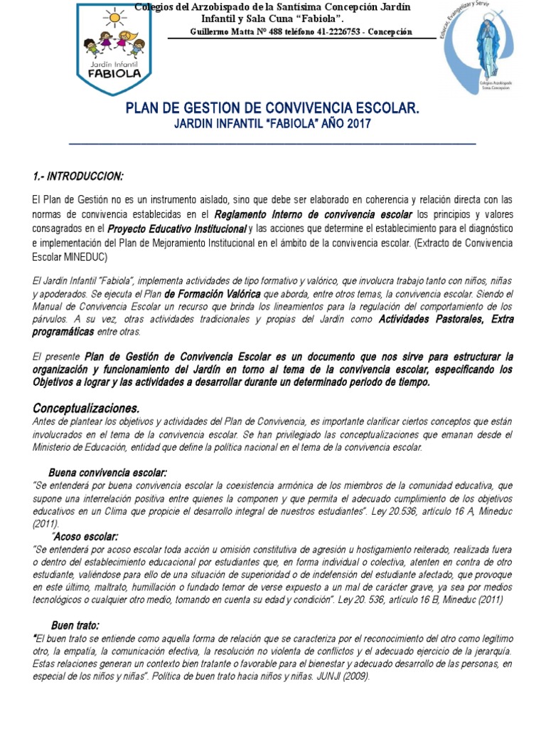 Plan de Gestión de La Convivencia Escolar 2017 Jardín Fabiola | PDF ...