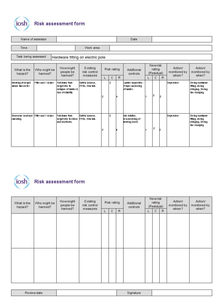 IOSH Risk Assessment Form Example | PDF | Risk Assessment | Risk