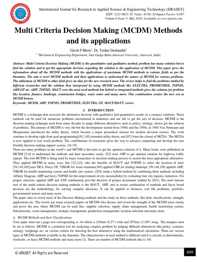 Multi Criteria Decision Making (MCDM) Methods and Its Applications ...