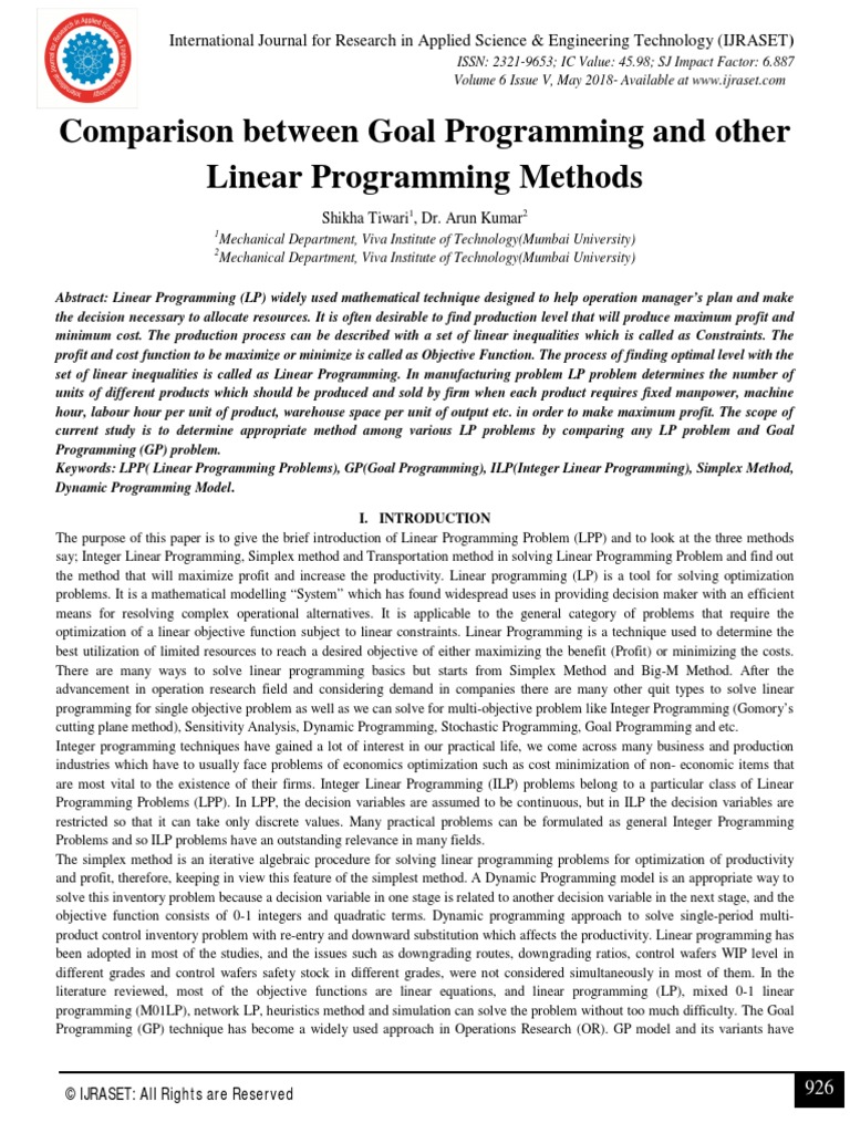 Comparison Between Goal Programming and Other Linear Programming ...