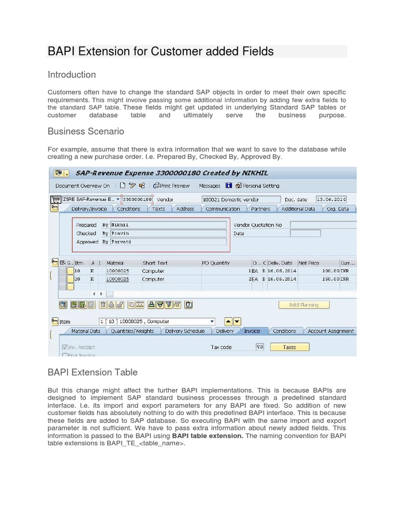 BAPI Extension for Custom Fields in SAP | PDF | Interface (Computing ...