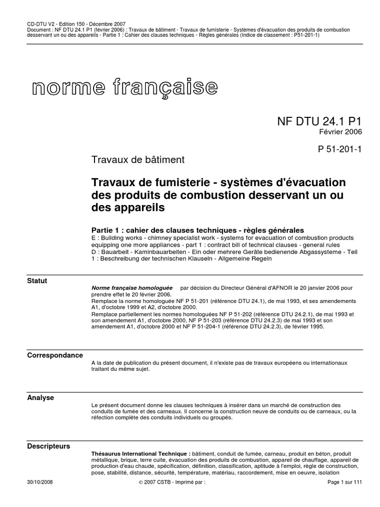 Norme NF DTU 24.1 : Fumisterie et Conduits | PDF | Cheminée | Code de ...