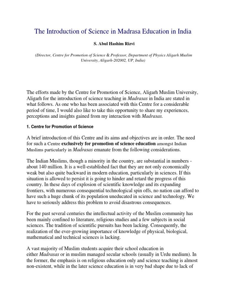 The Introduction of Science in Madrasa Education in India PDF Teachers Science Education