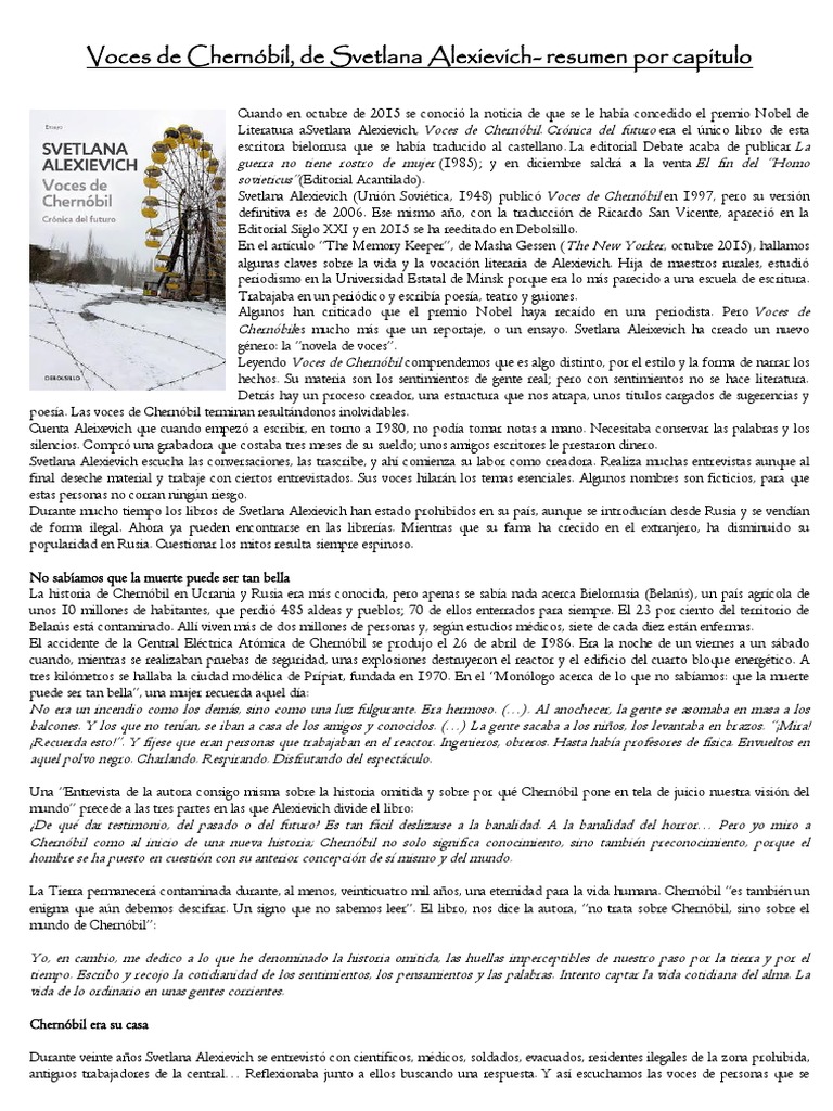 Voces de Chernóbil Resumen PDF Naturaleza