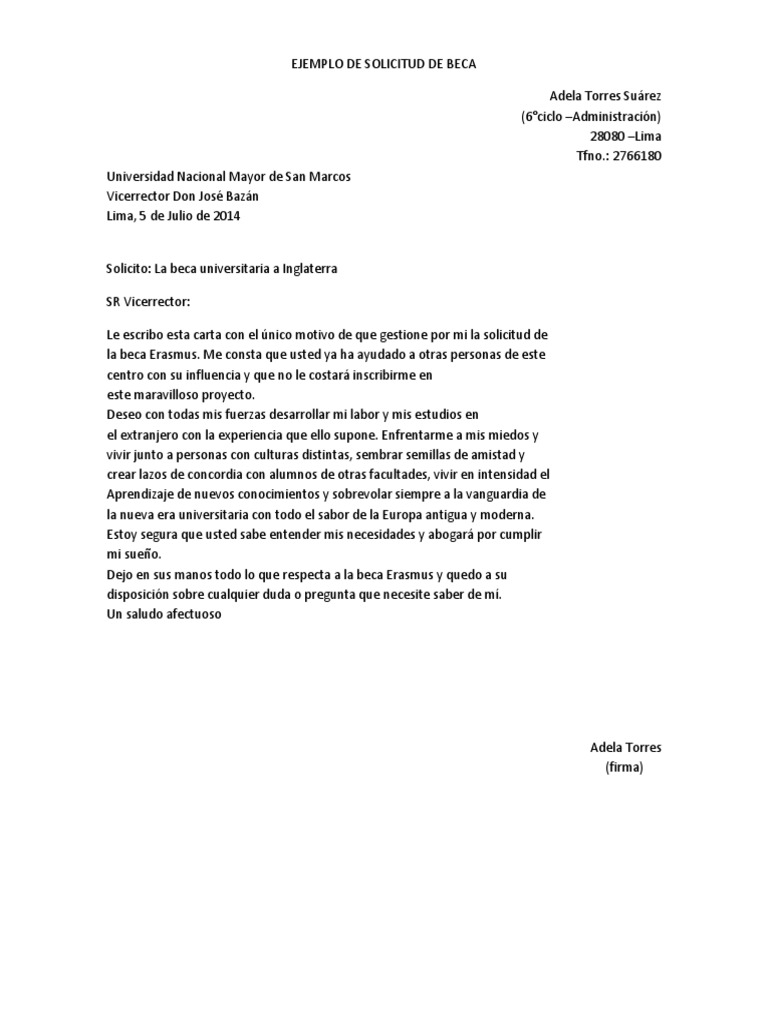 Ejemplo Modelo De Solicitud Para Beca De Estudios