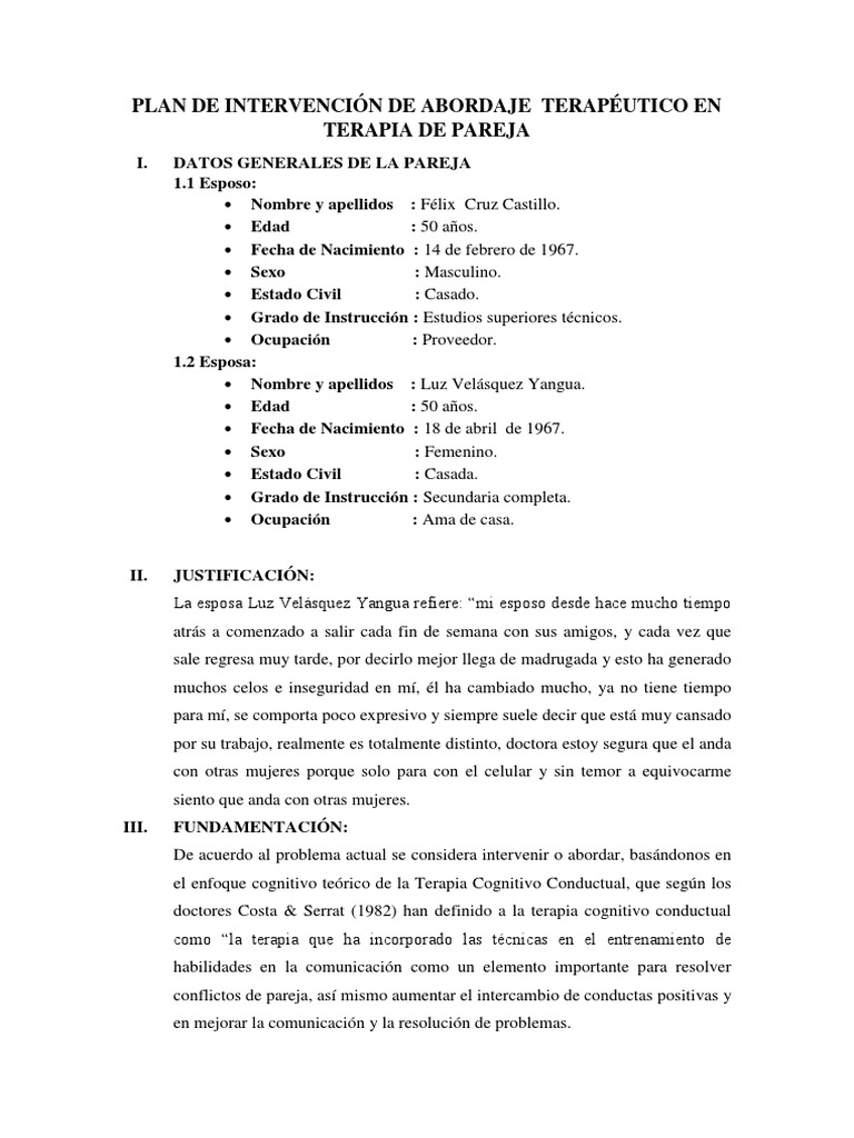 Plan de Intervención de Abordaje Terapéutico en Terapia de Pareja