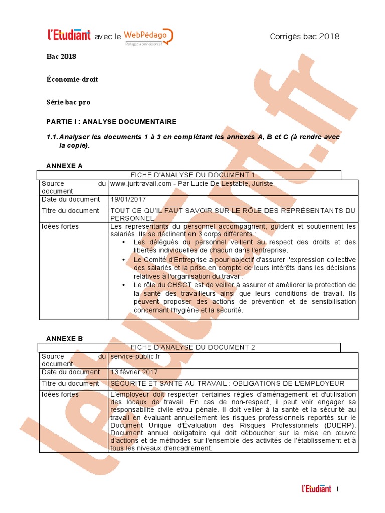 Eco Droit Bac Pro Corrigé Pdf 2021 Bac Pro 2018 - Éco-Droit - Corrigé | PDF | Sécurité | Travail