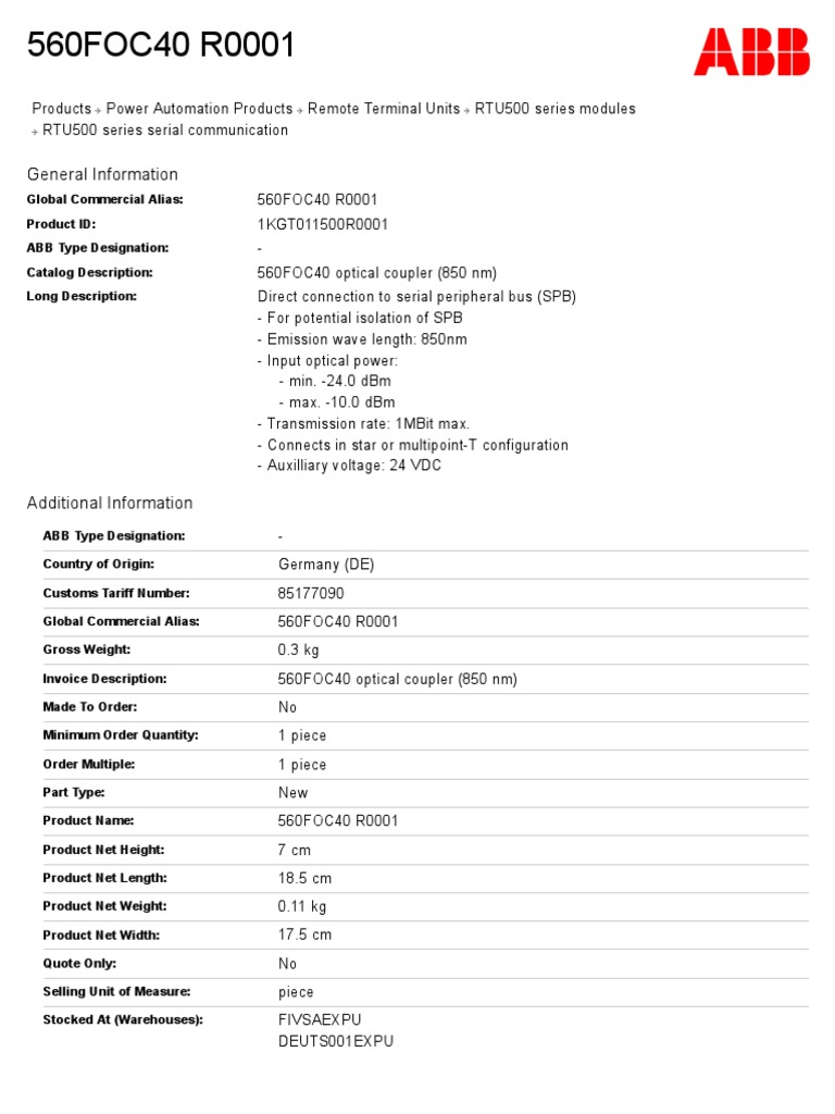 1KGT011500R0001 560foc40 Optical Coupler 850 NM PDF