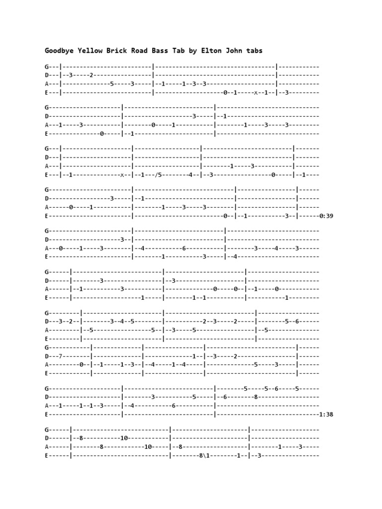 Goodbye Yellow Brick Road Bass Tab