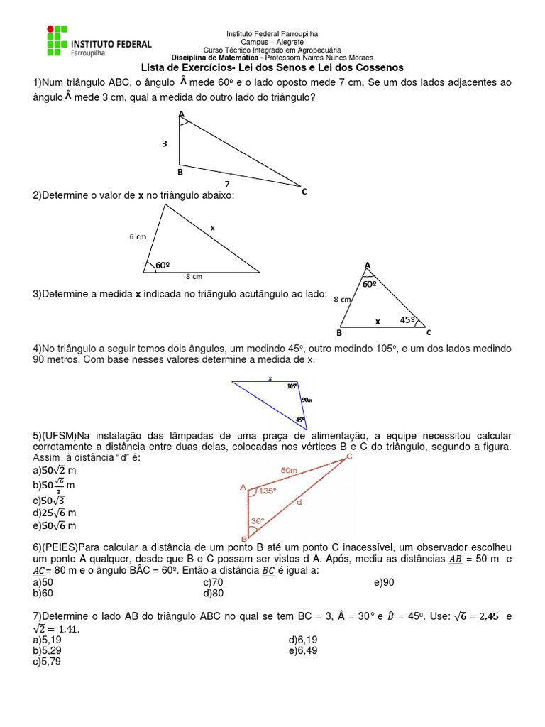 Lista de Exercícios- Lei Dos Senos e Cossenos | Triângulo | Geometria