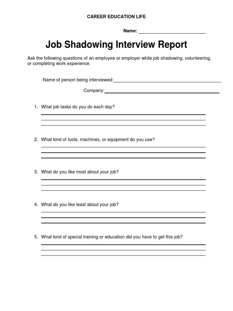 Job Shadowing Interview Report Career Education Life PDF