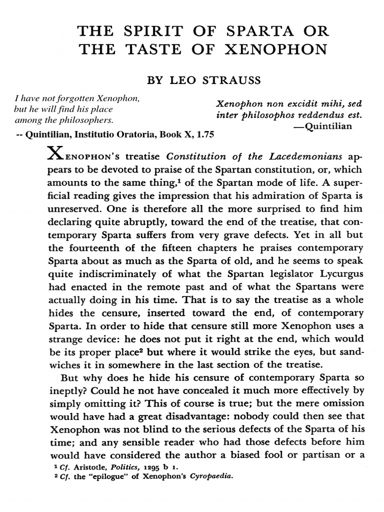 Leo Strauss ''the Spirit of Sparta, Or the Taste of Xenophon'' [1939